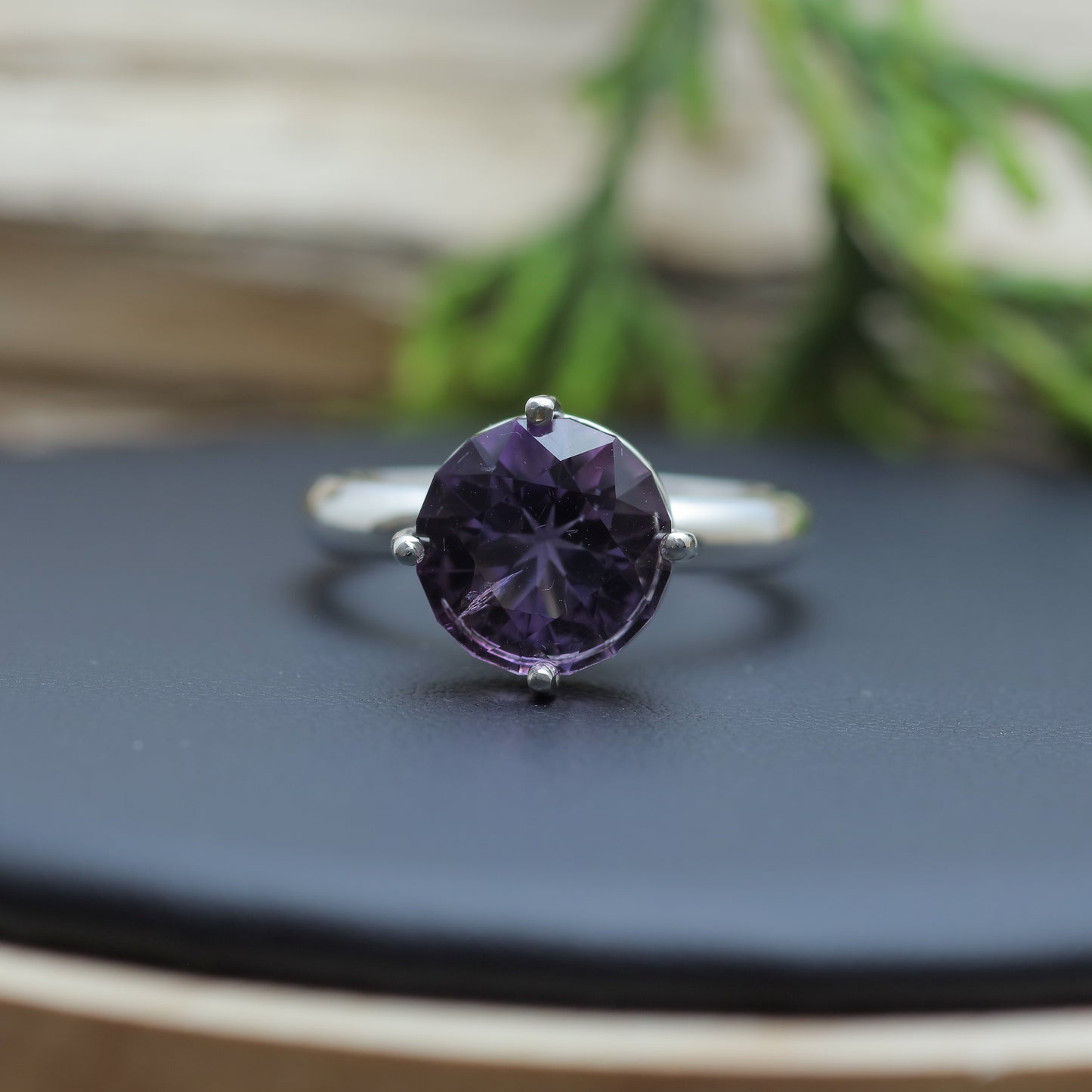 Frosted Facet Round Amethyst Solitaire Ring 925 sterling silver