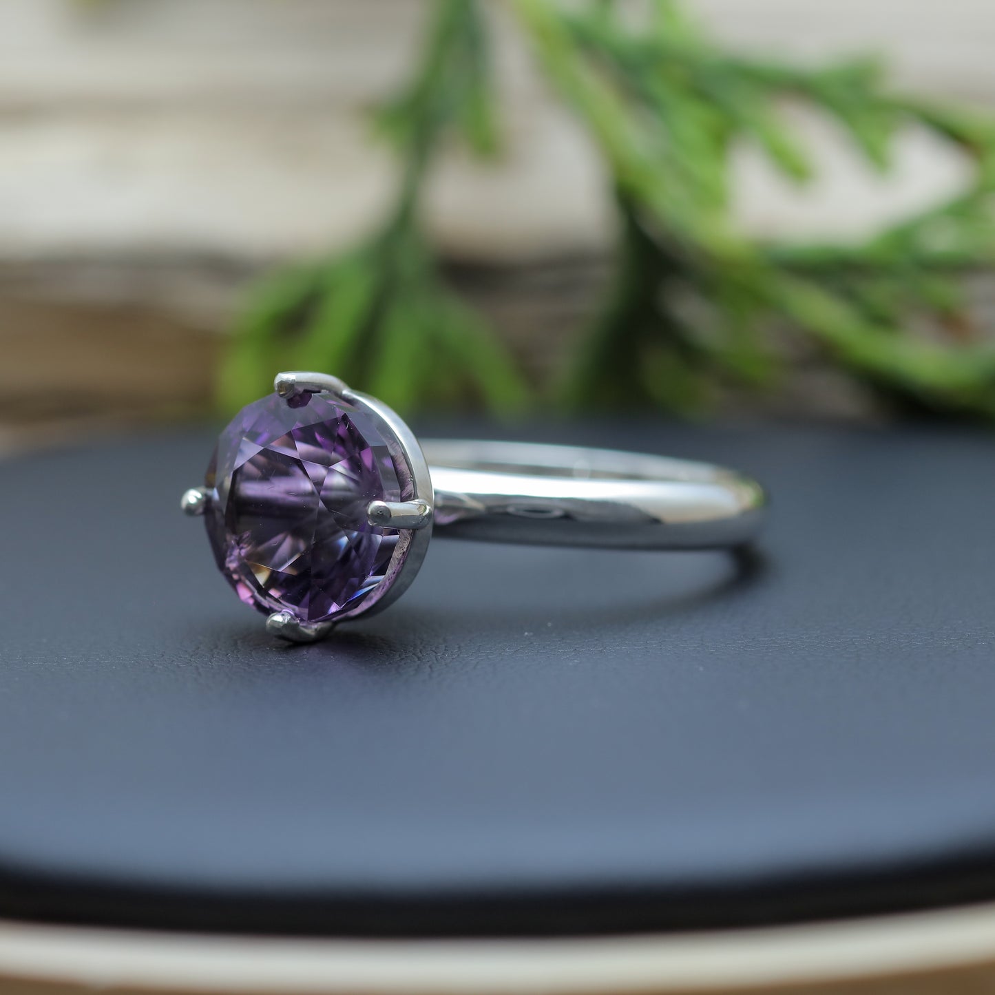 Frosted Facet Round Amethyst Solitaire Ring 925 sterling silver