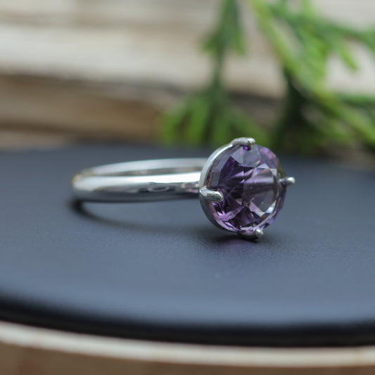 Frosted Facet Round Amethyst Solitaire Ring 925 sterling silver
