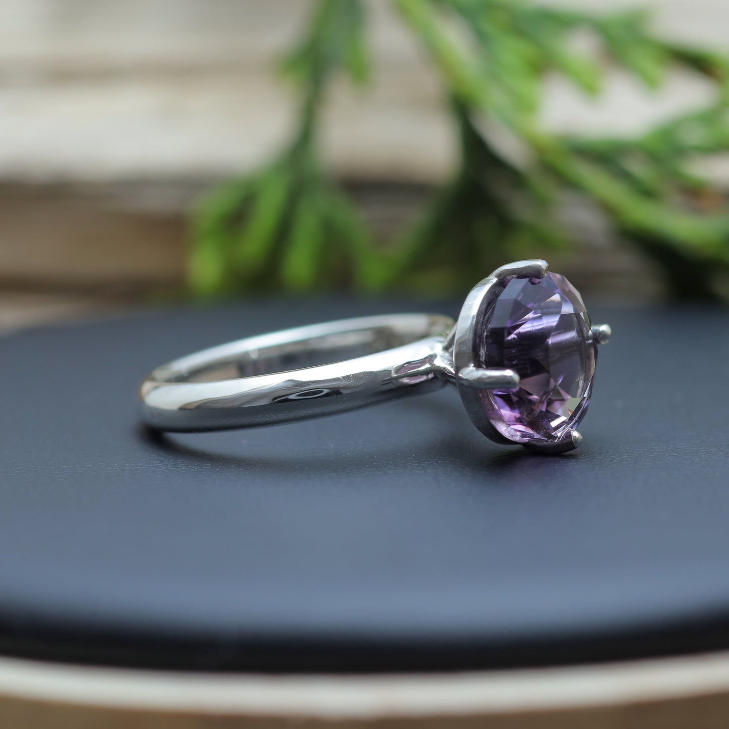 Frosted Facet Round Amethyst Solitaire Ring 925 sterling silver