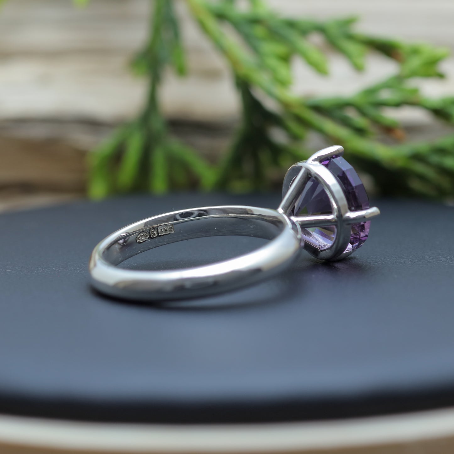 Frosted Facet Round Amethyst Solitaire Ring 925 sterling silver