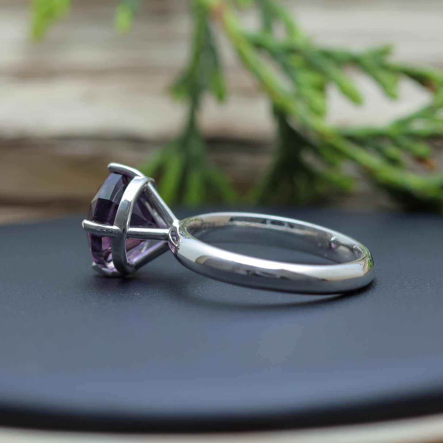 Frosted Facet Round Amethyst Solitaire Ring 925 sterling silver