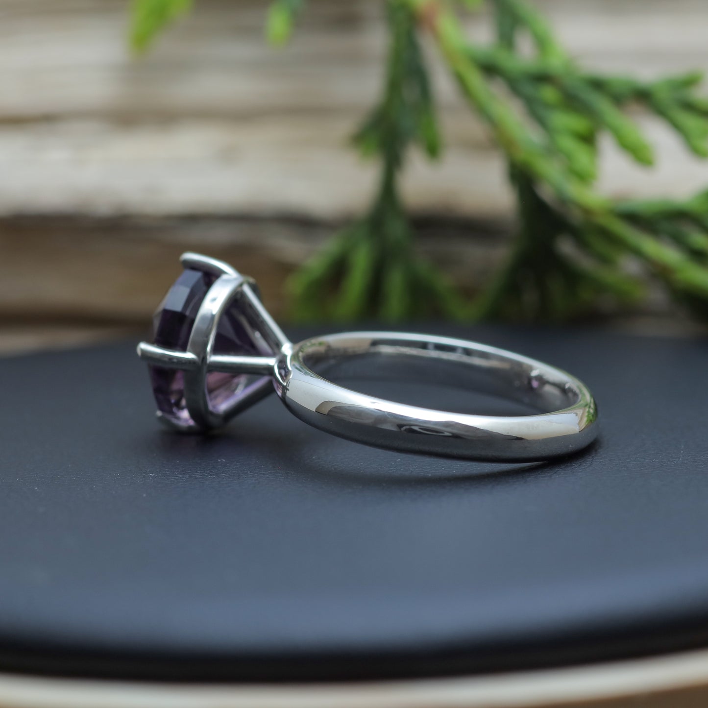 Frosted Facet Round Amethyst Solitaire Ring 925 sterling silver