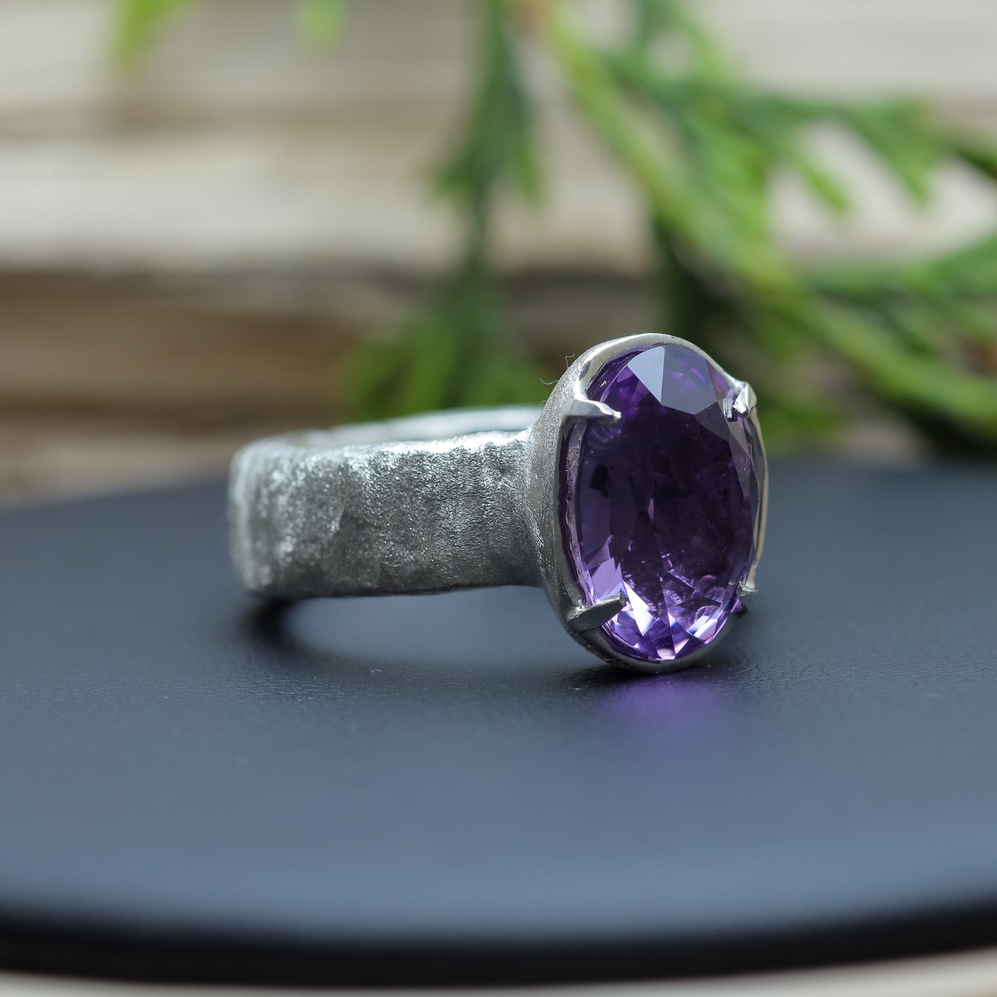 Organic Textured Oval Amethyst Statement Ring