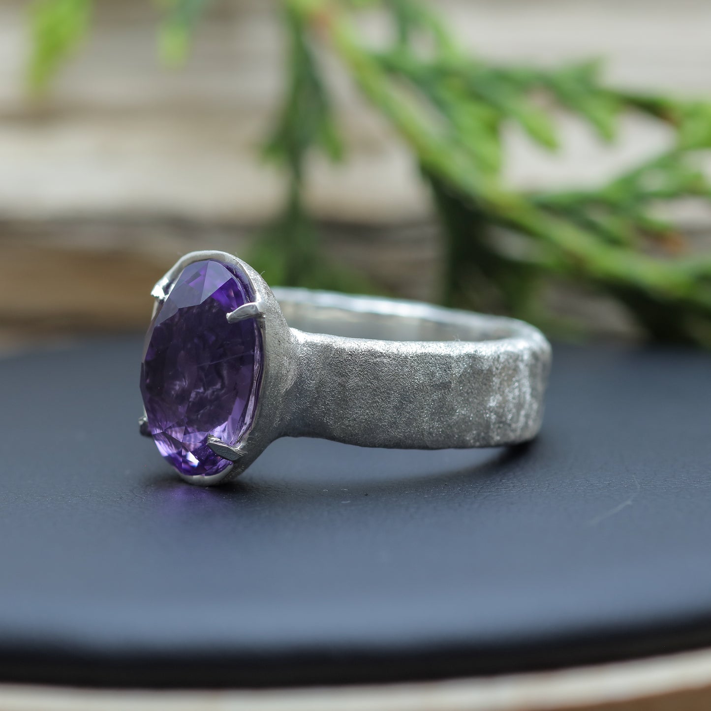 Organic Textured Oval Amethyst Statement Ring