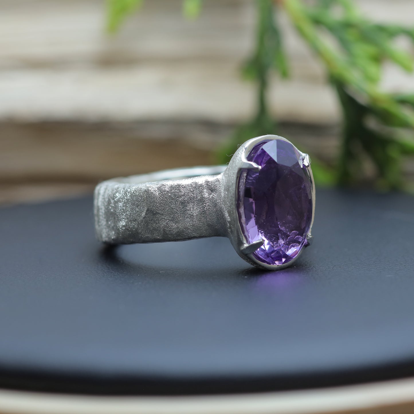 Organic Textured Oval Amethyst Statement Ring