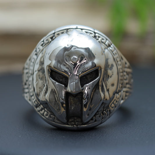 Men's "Spartan Shield" Heavy Flush Diamond Signet Ring in Sterling Silver (29.31g)
