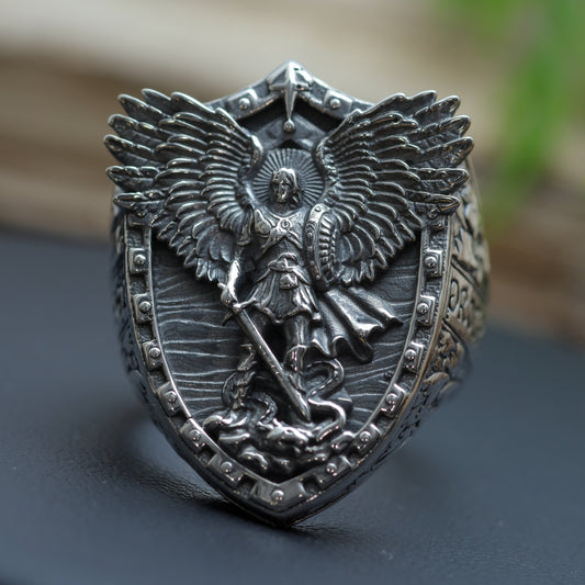 Men's "Archangel Michael" Heavy Warrior Signet Ring in Sterling Silver (27.3g)