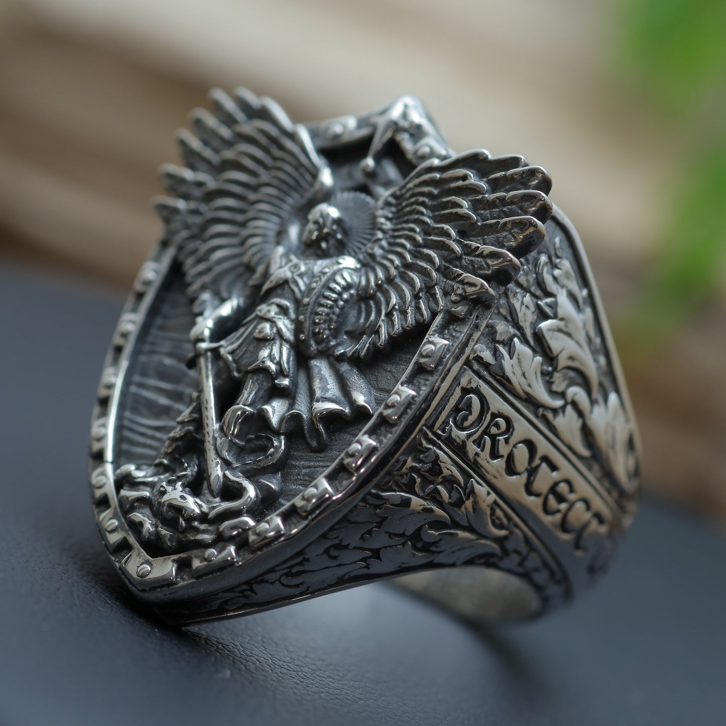 Men's "Archangel Michael" Heavy Warrior Signet Ring in Sterling Silver (27.3g)