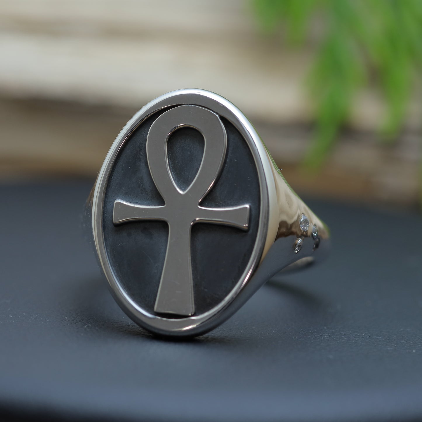 Men's Egyptian Ankh Heavy Signet Ring with Flush-Set Lab Diamonds (12.3g)