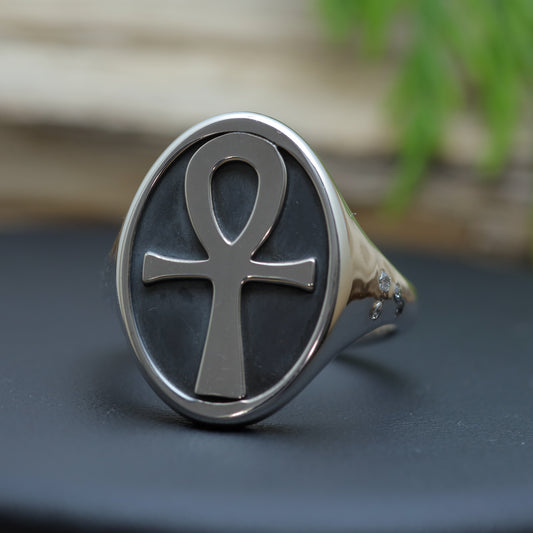 Men's Egyptian Ankh Heavy Signet Ring with Flush-Set Lab Diamonds (12.3g)