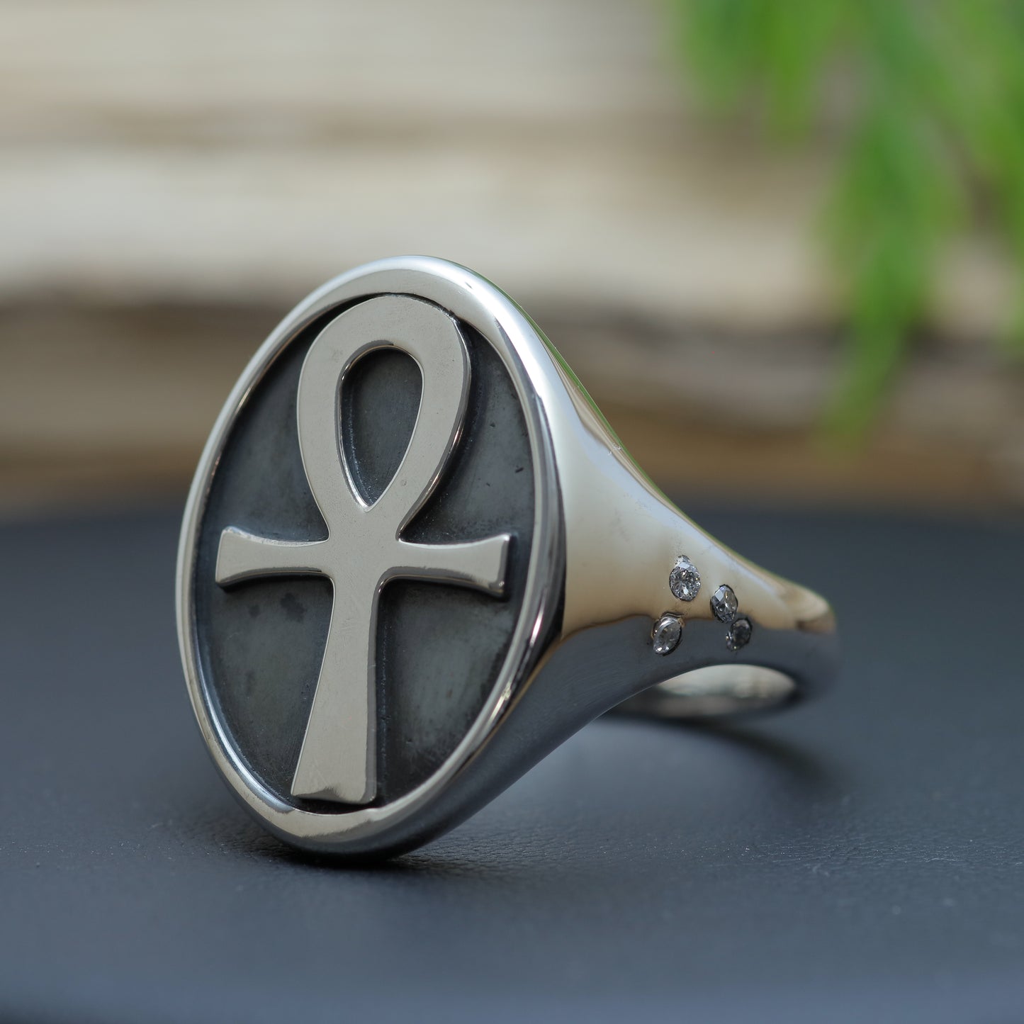 Men's Egyptian Ankh Heavy Signet Ring with Flush-Set Lab Diamonds (12.3g)
