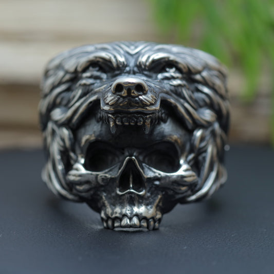 Men's "Alpha Totem" Primal Wolf Skull Signet Ring in Sterling Silver (27.6g)