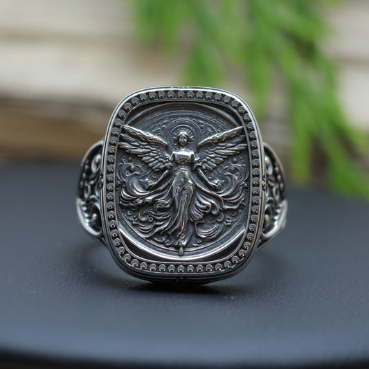 Men's Sculpted Angelic Wing Heavy Signet Ring in Sterling Silver