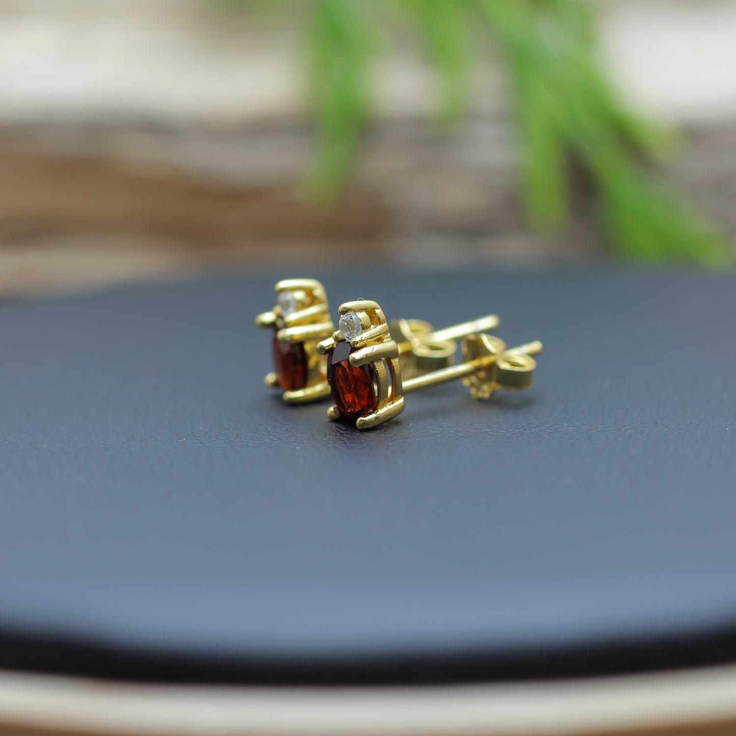 Gold-Plated Silver Natural Garnet Stud Earrings