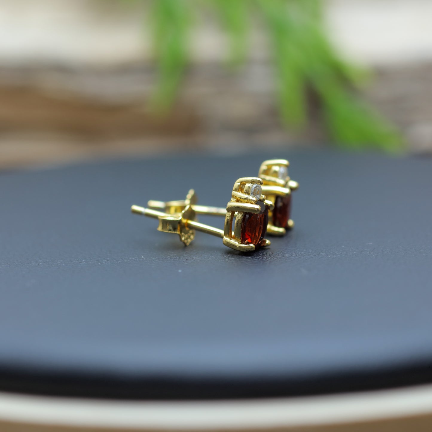 Gold-Plated Silver Natural Garnet Stud Earrings