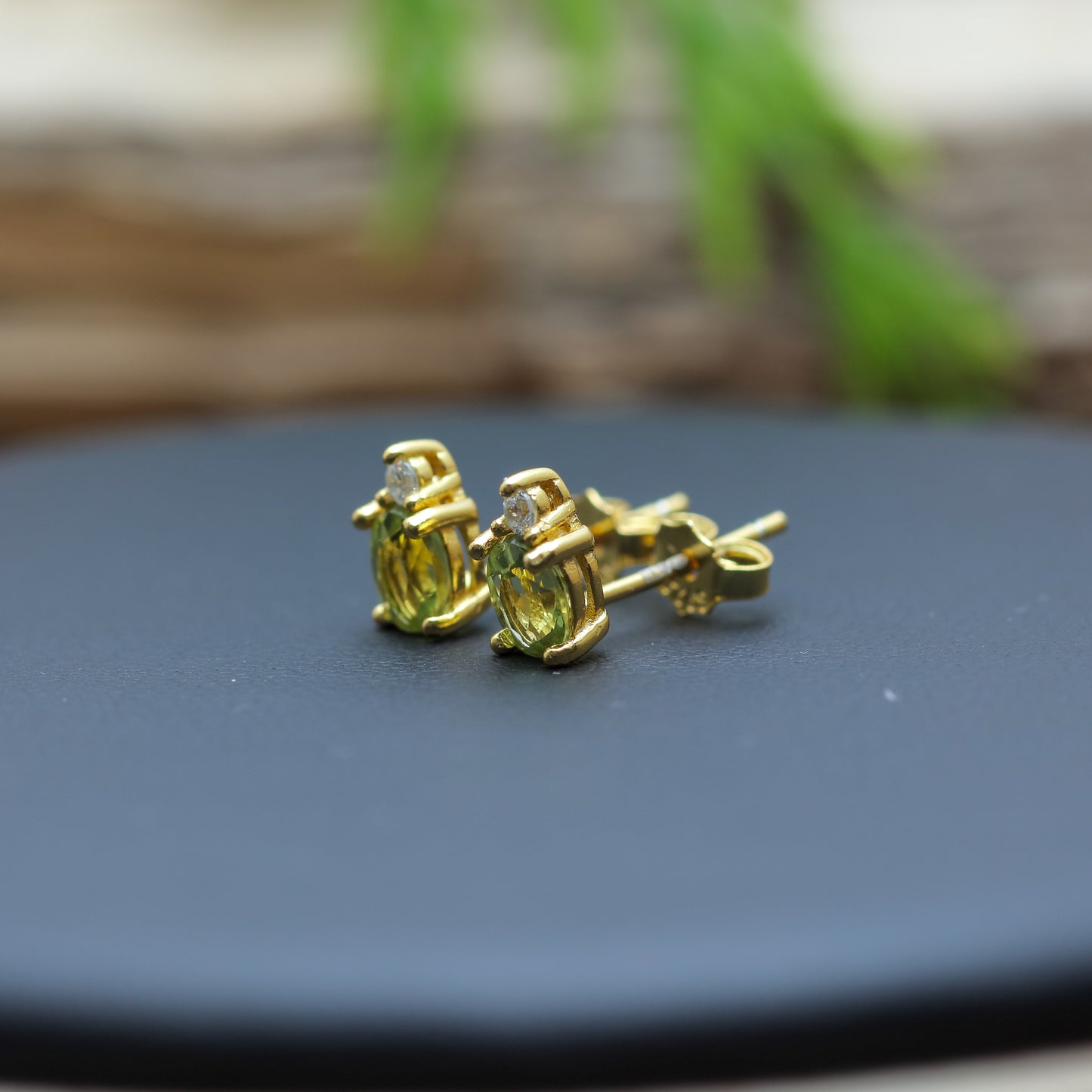 Gold-Plated Silver Natural Peridot Stud Earrings