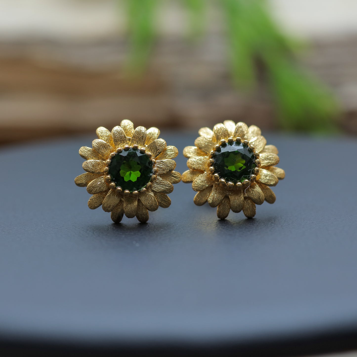 Gold-Plated Silver Natural Chrome Diopside Sunflower Stud Earrings