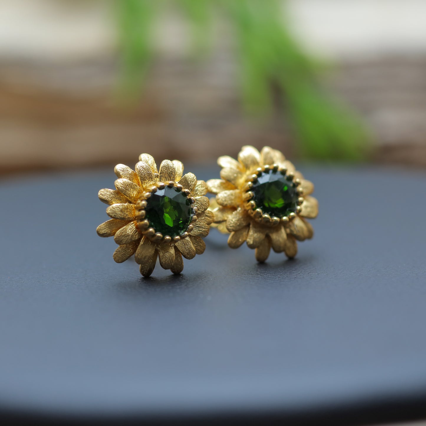 Gold-Plated Silver Natural Chrome Diopside Sunflower Stud Earrings