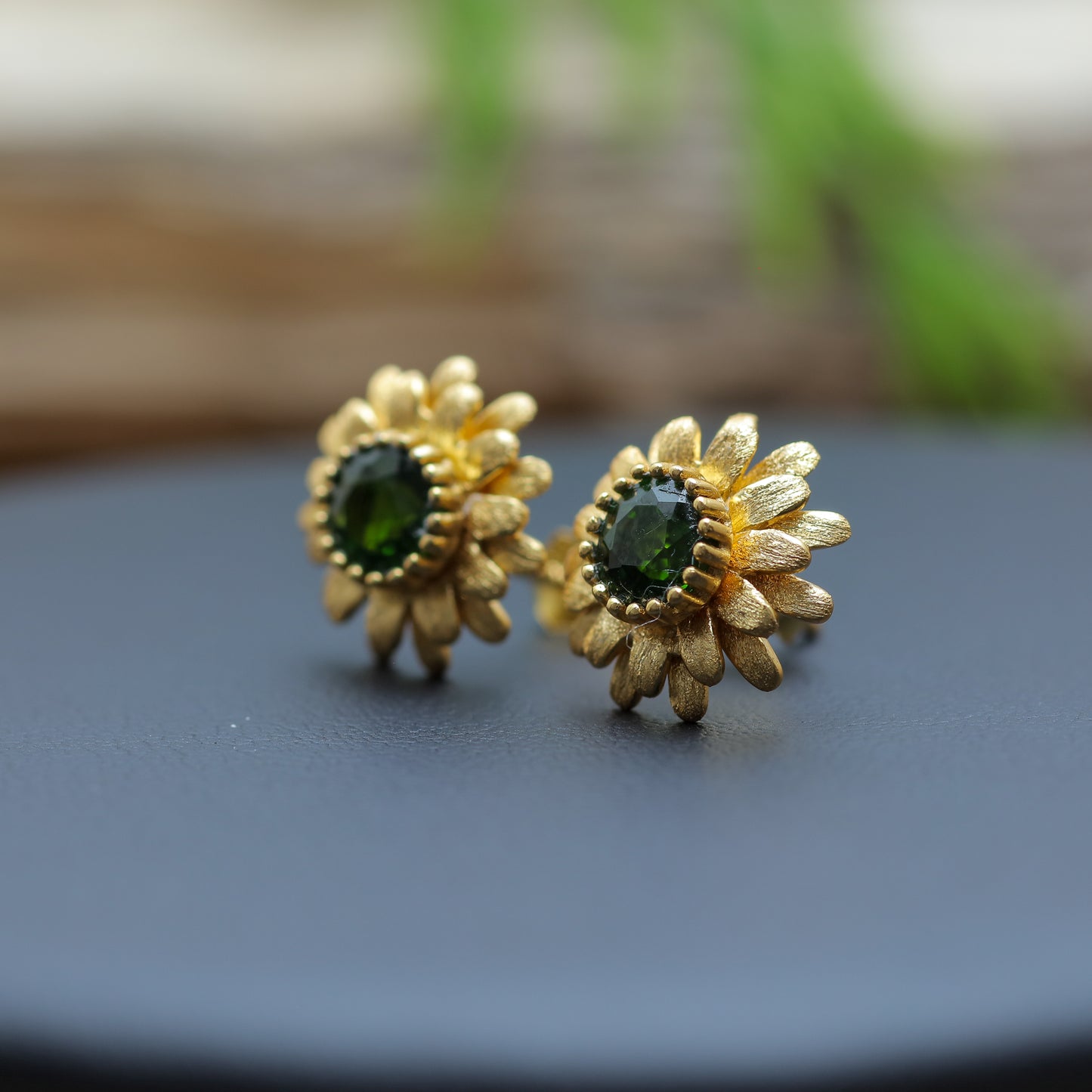 Gold-Plated Silver Natural Chrome Diopside Sunflower Stud Earrings