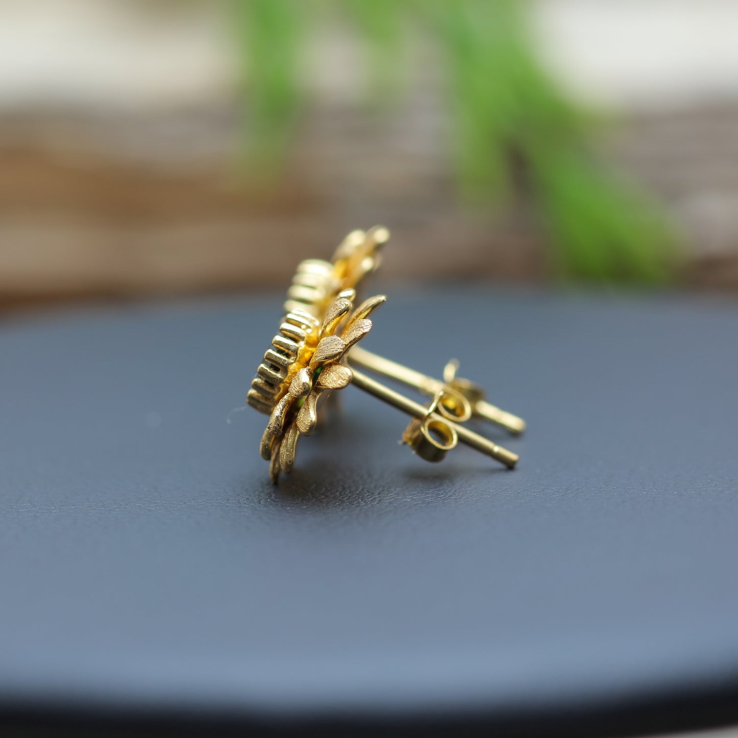 Gold-Plated Silver Natural Chrome Diopside Sunflower Stud Earrings