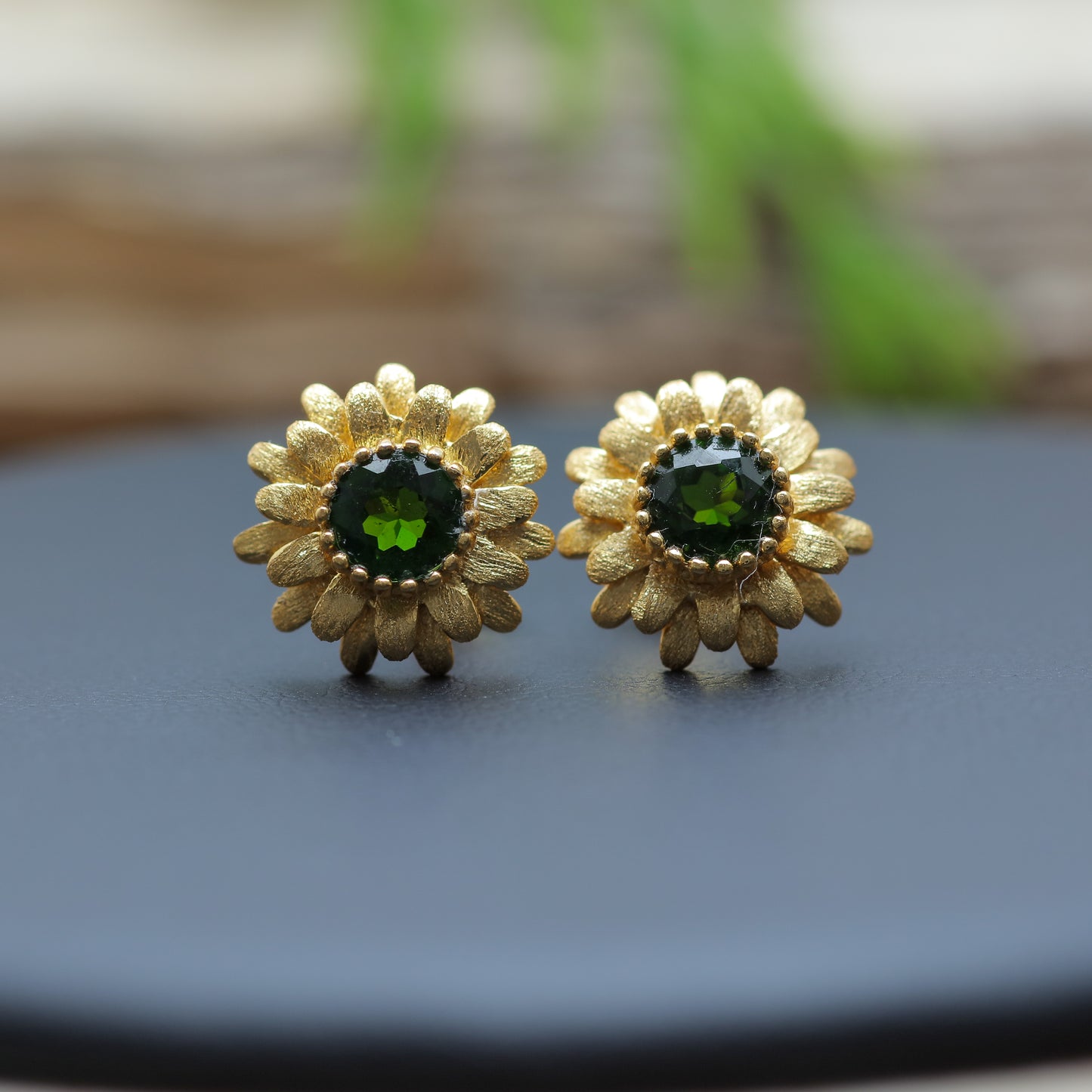 Gold-Plated Silver Natural Chrome Diopside Sunflower Stud Earrings