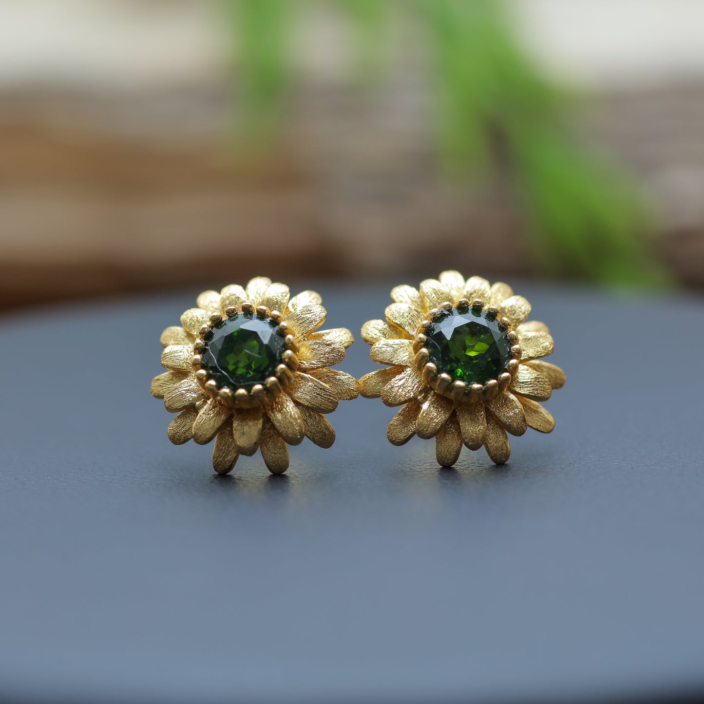 Gold-Plated Silver Natural Chrome Diopside Sunflower Stud Earrings