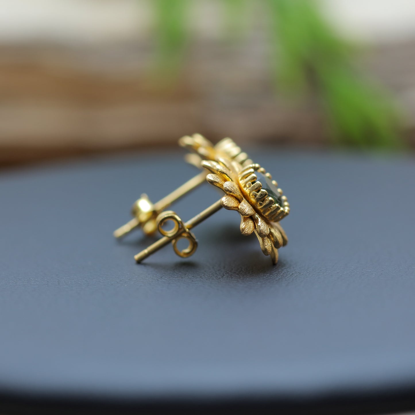 Gold-Plated Silver Natural Chrome Diopside Sunflower Stud Earrings