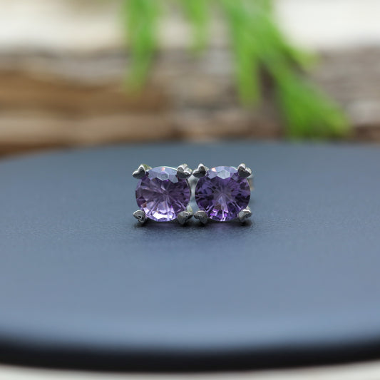 Natural Amethyst Stud Earrings with Precision-Cut Frosted Facets