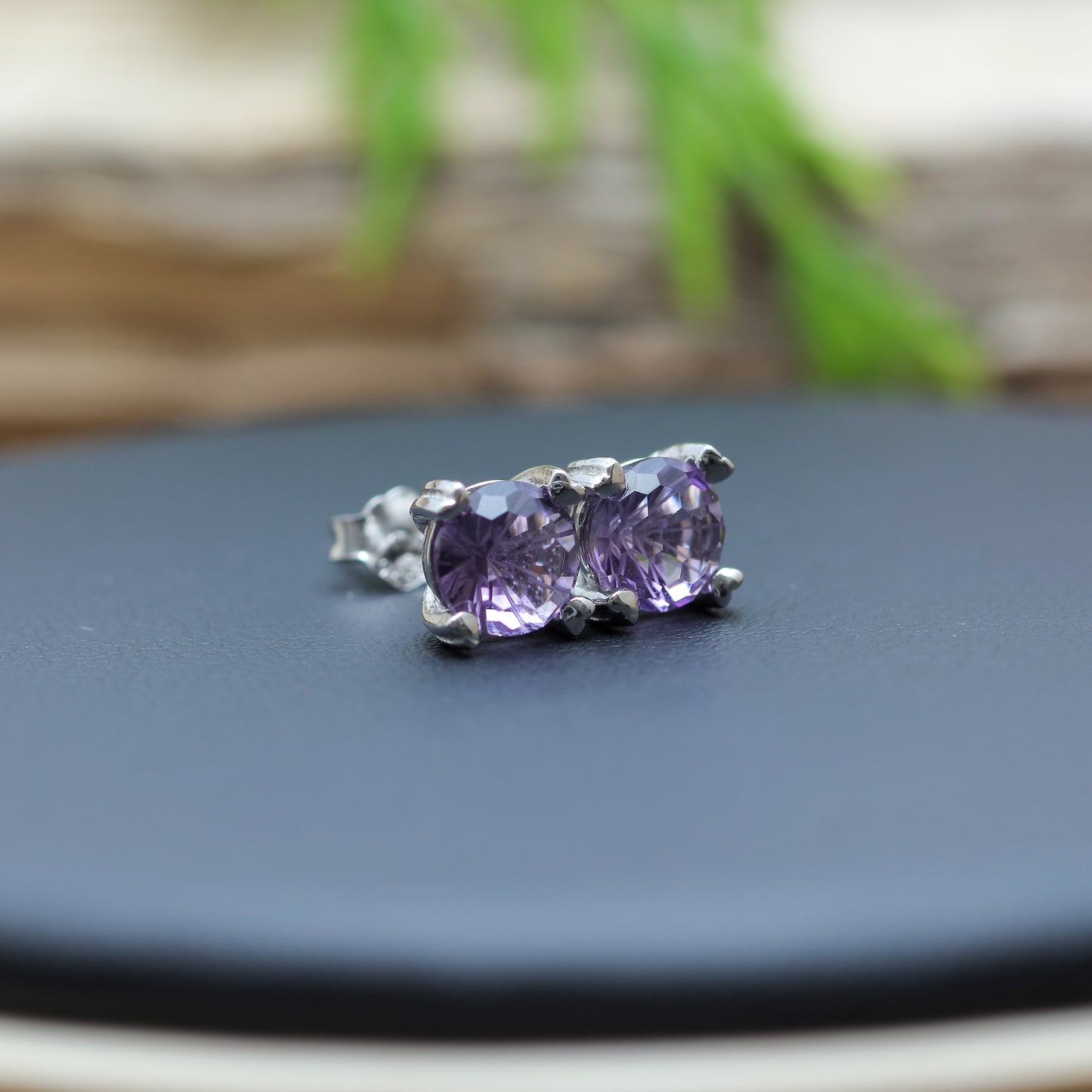 Natural Amethyst Stud Earrings with Precision-Cut Frosted Facets