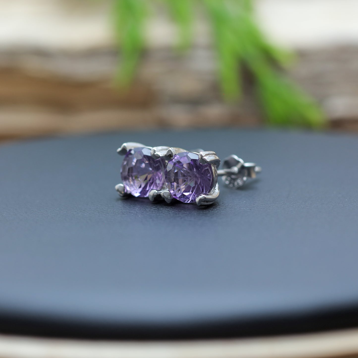 Natural Amethyst Stud Earrings with Precision-Cut Frosted Facets