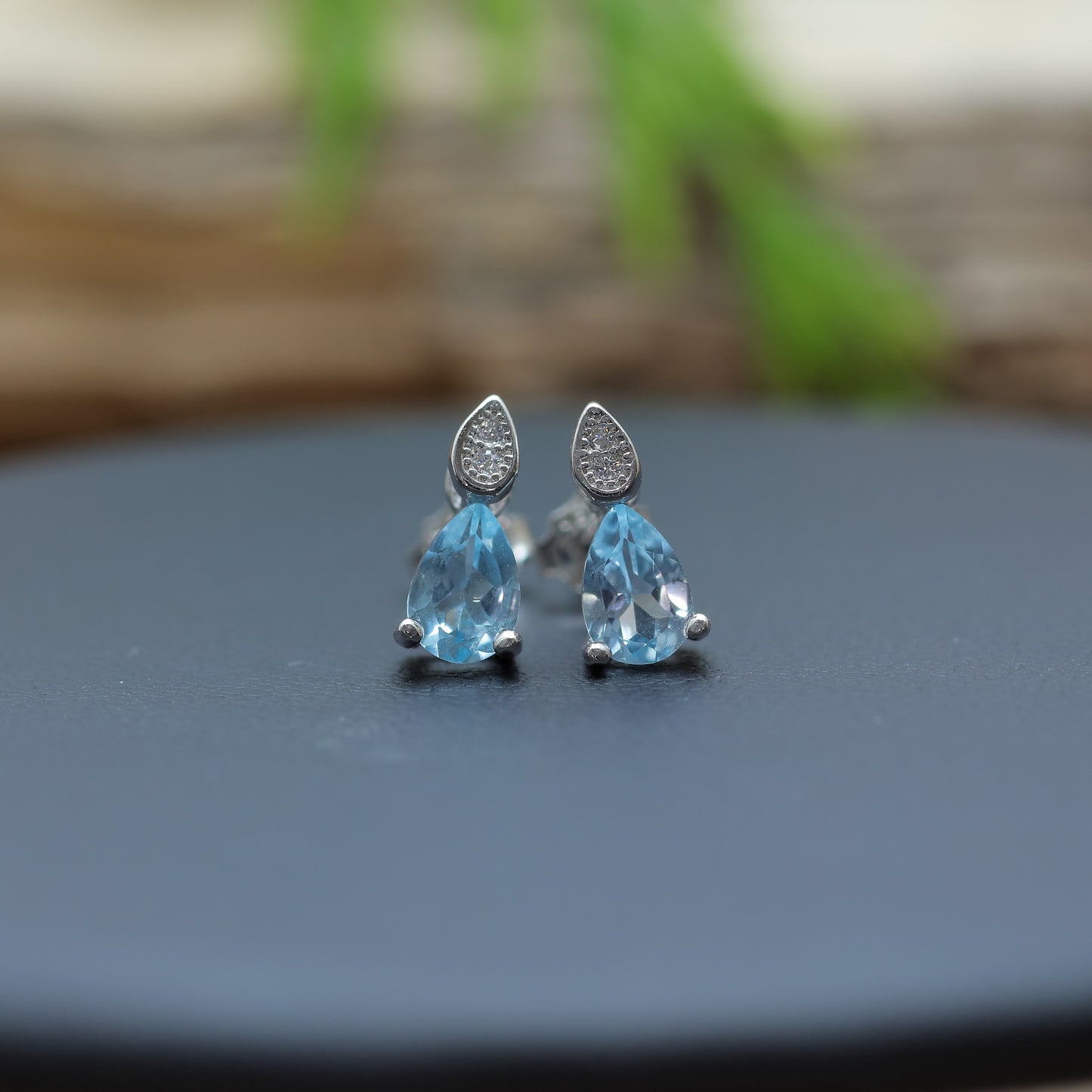 Natural Blue Topaz Teardrop Stud Earrings