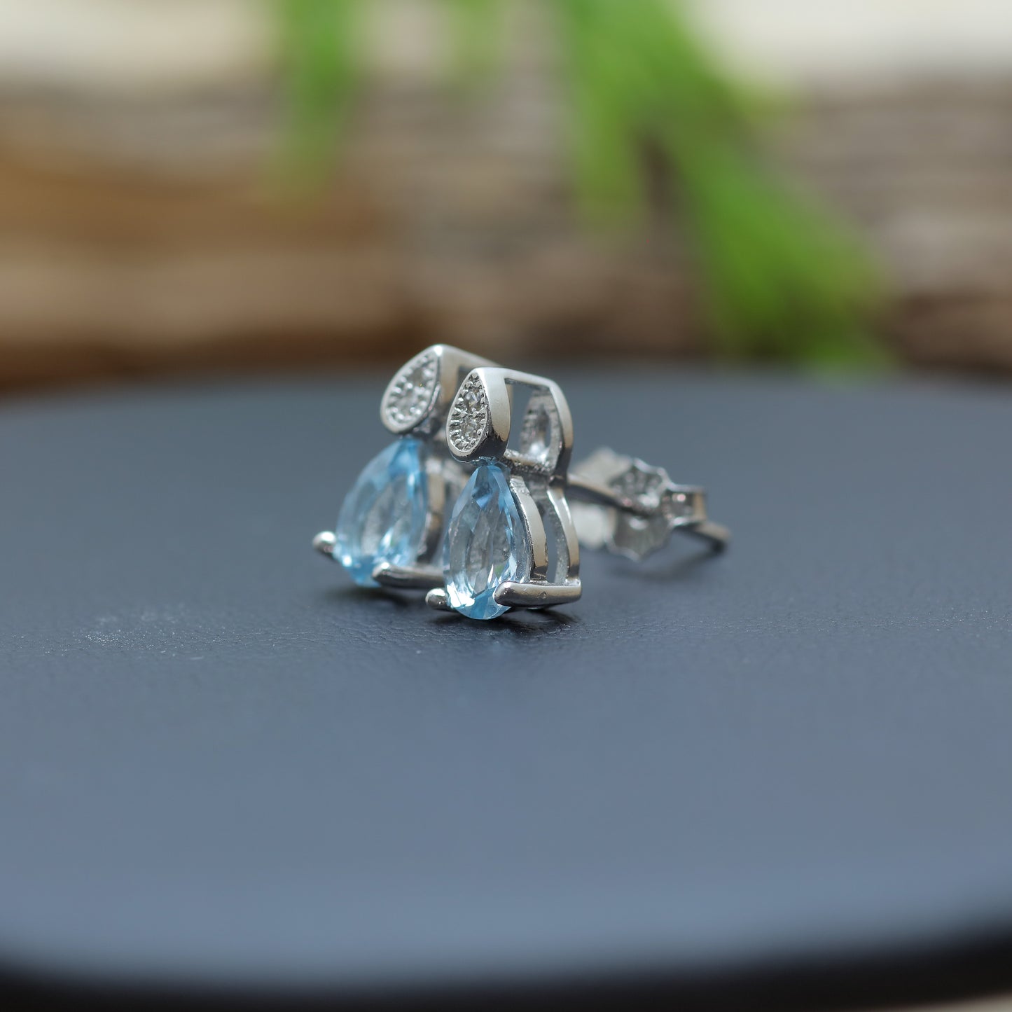 Natural Blue Topaz Teardrop Stud Earrings