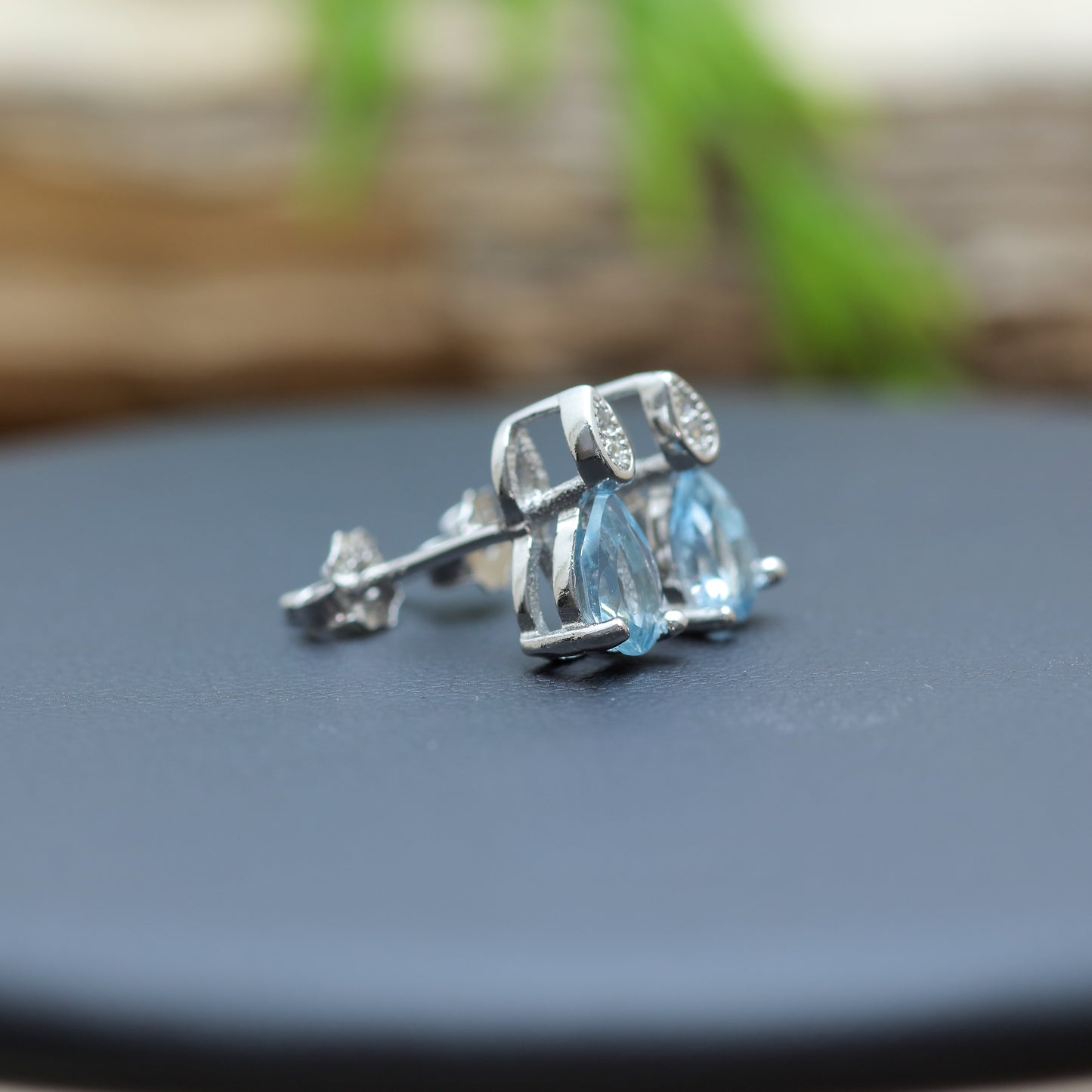 Natural Blue Topaz Teardrop Stud Earrings