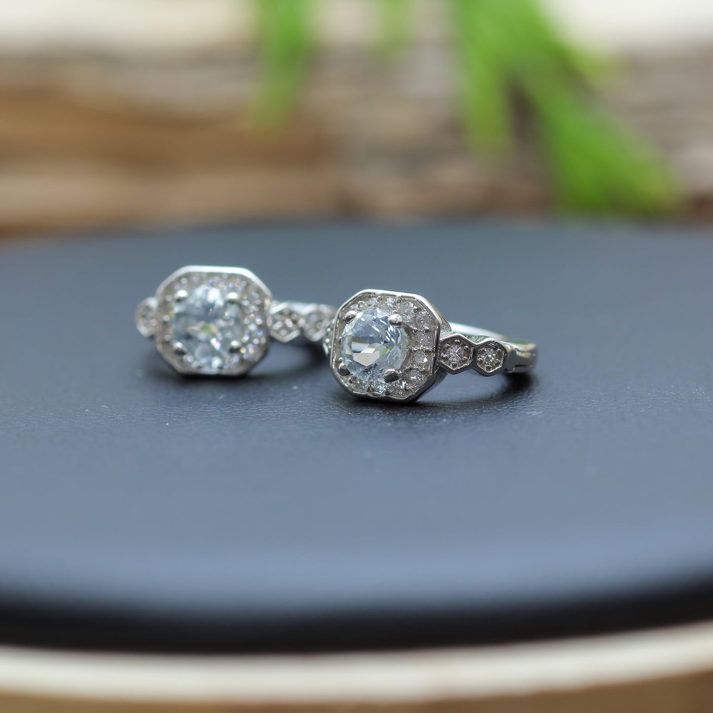 Natural Aquamarine Geometric Halo Huggie Hoop Earrings