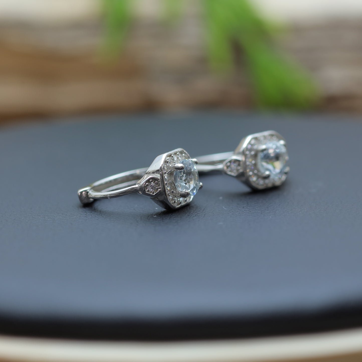 Natural Aquamarine Geometric Halo Huggie Hoop Earrings