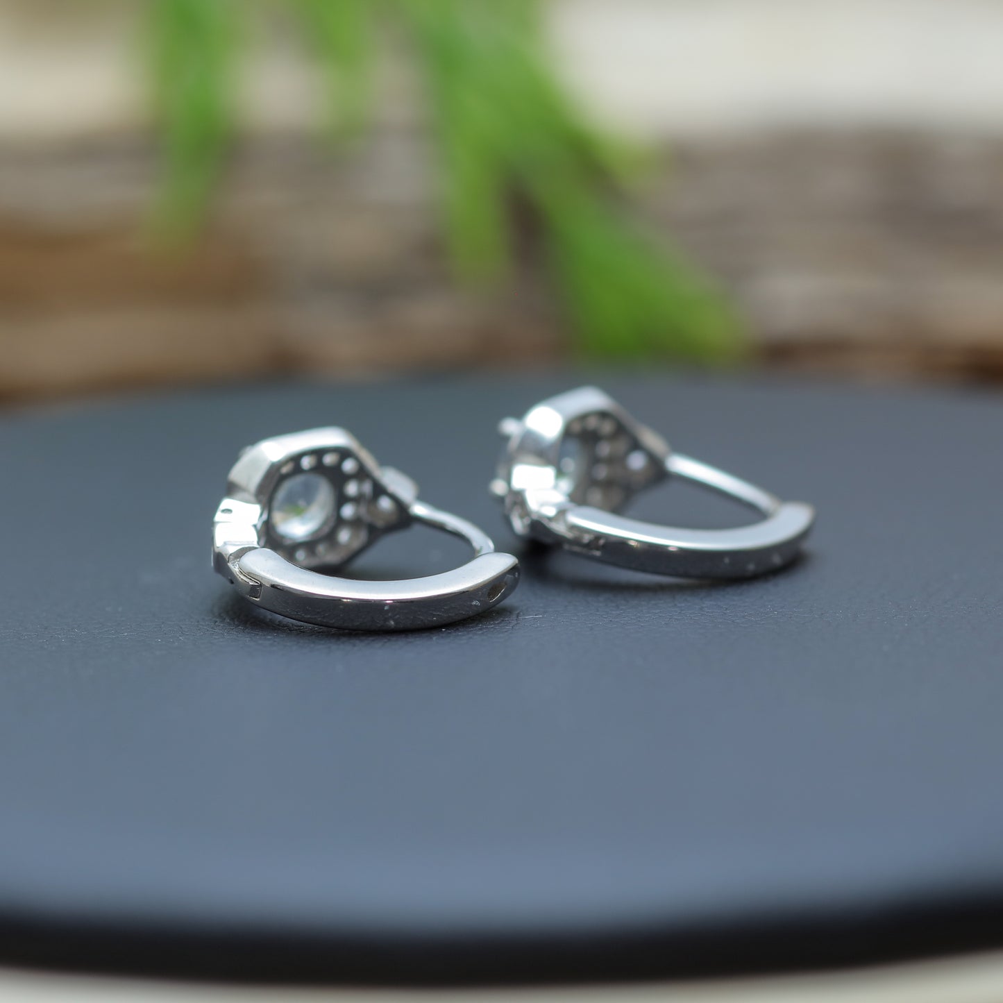 Natural Aquamarine Geometric Halo Huggie Hoop Earrings