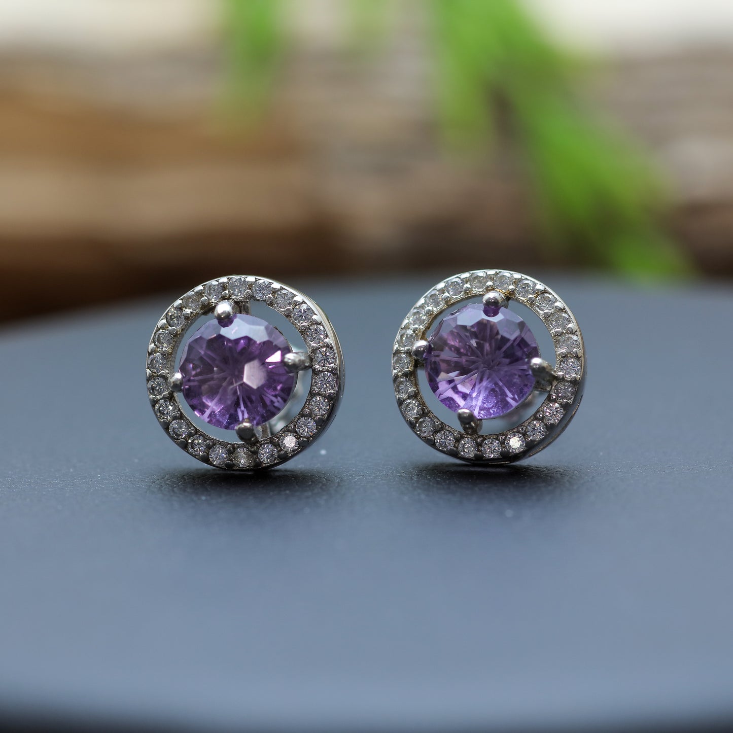 Natural Amethyst Halo Stud Earrings with Precision-Cut Frosted Facets