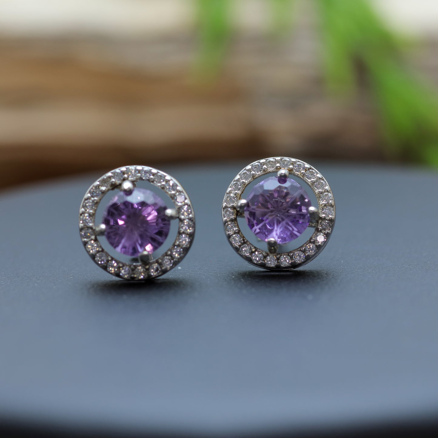 Natural Amethyst Halo Stud Earrings with Precision-Cut Frosted Facets