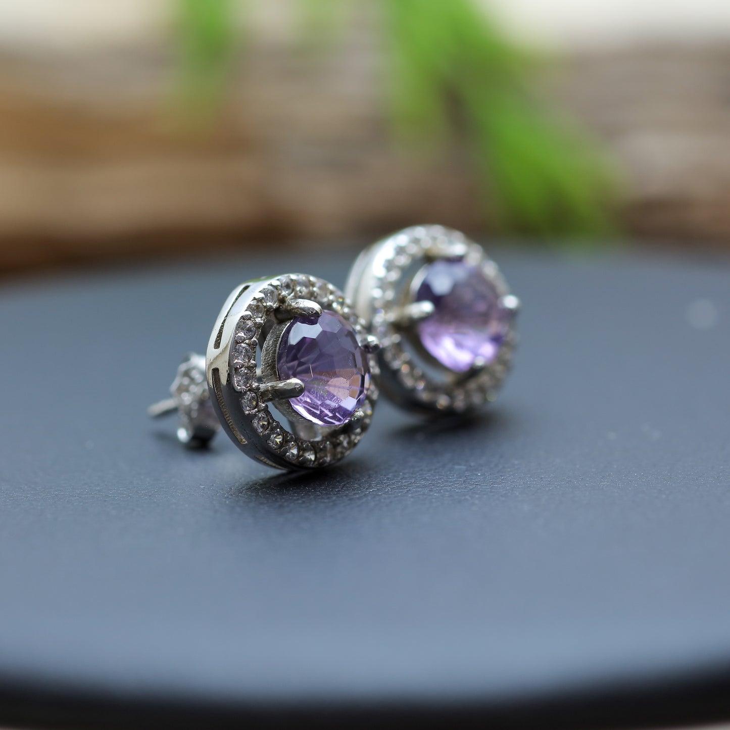 Natural Amethyst Halo Stud Earrings with Precision-Cut Frosted Facets