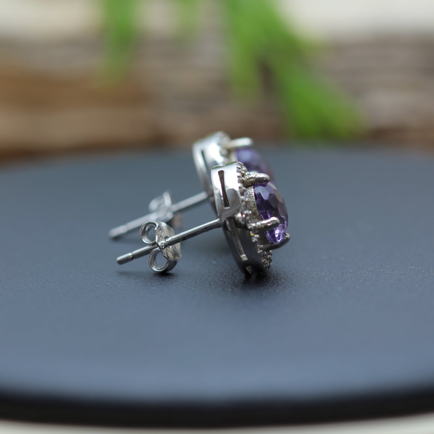 Natural Amethyst Halo Stud Earrings with Precision-Cut Frosted Facets