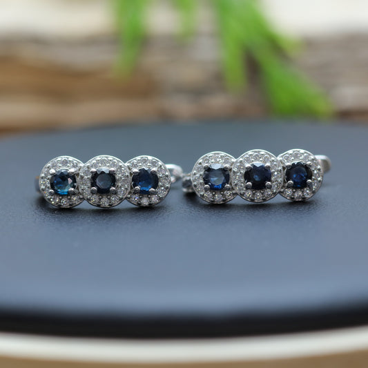 Natural Blue Sapphire Three-Stone Halo Leverback Earrings