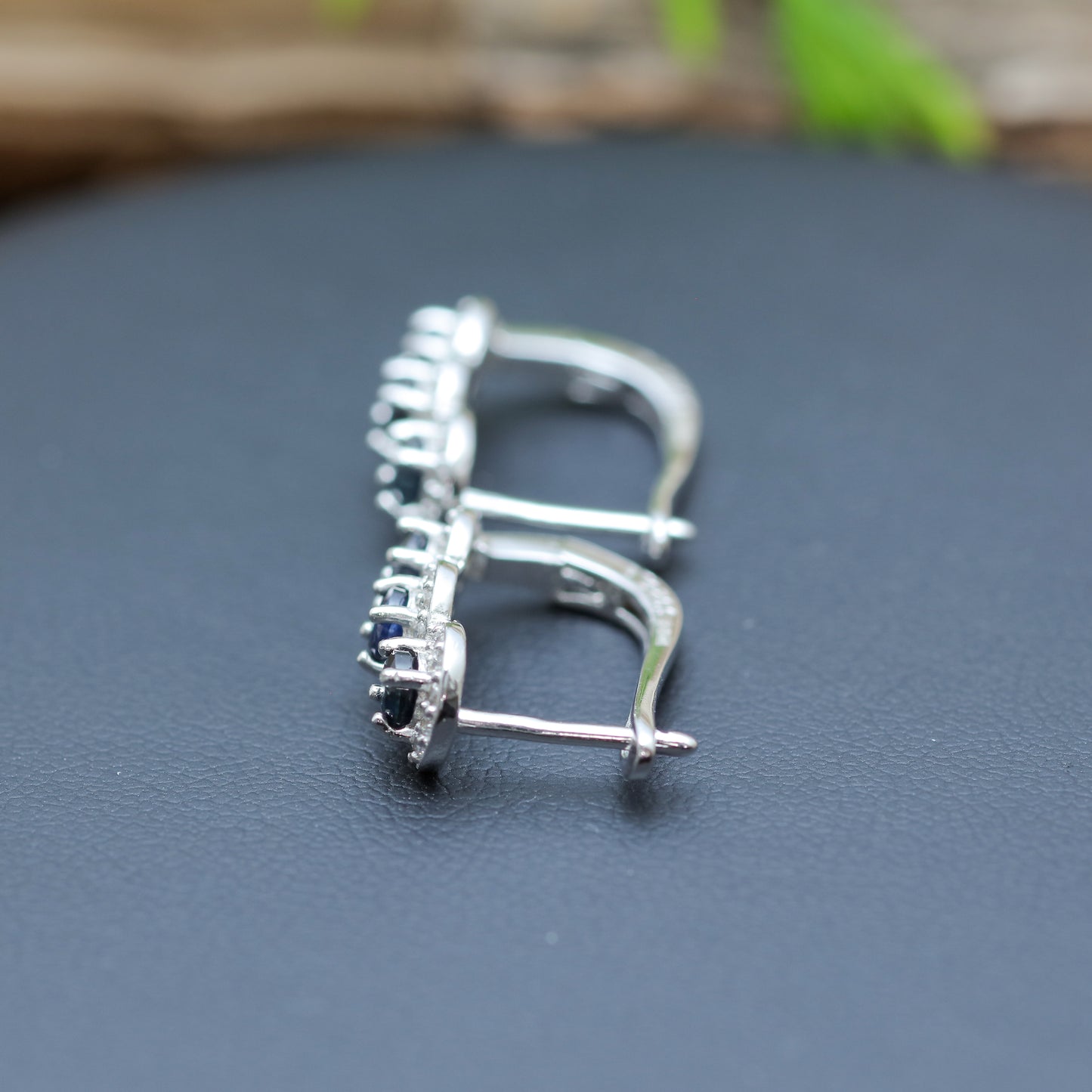 Natural Blue Sapphire Three-Stone Halo Leverback Earrings