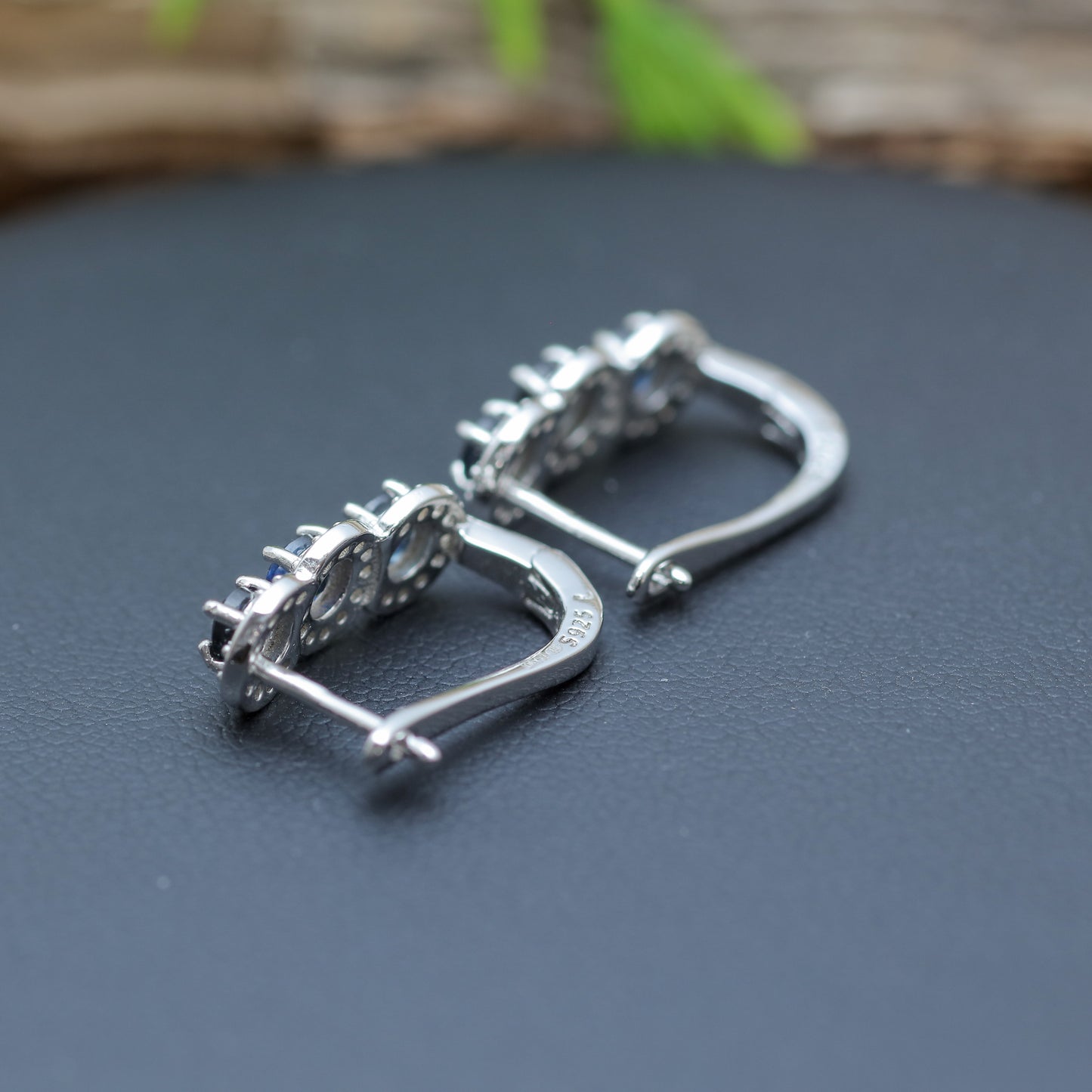 Natural Blue Sapphire Three-Stone Halo Leverback Earrings