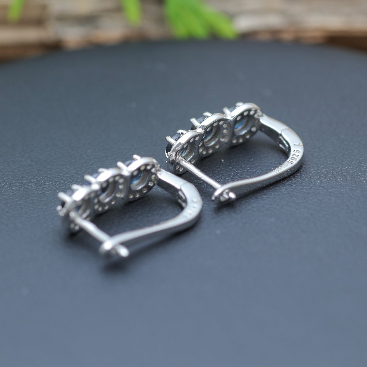 Natural Blue Sapphire Three-Stone Halo Leverback Earrings