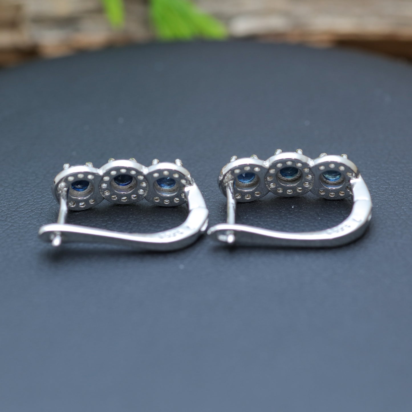 Natural Blue Sapphire Three-Stone Halo Leverback Earrings