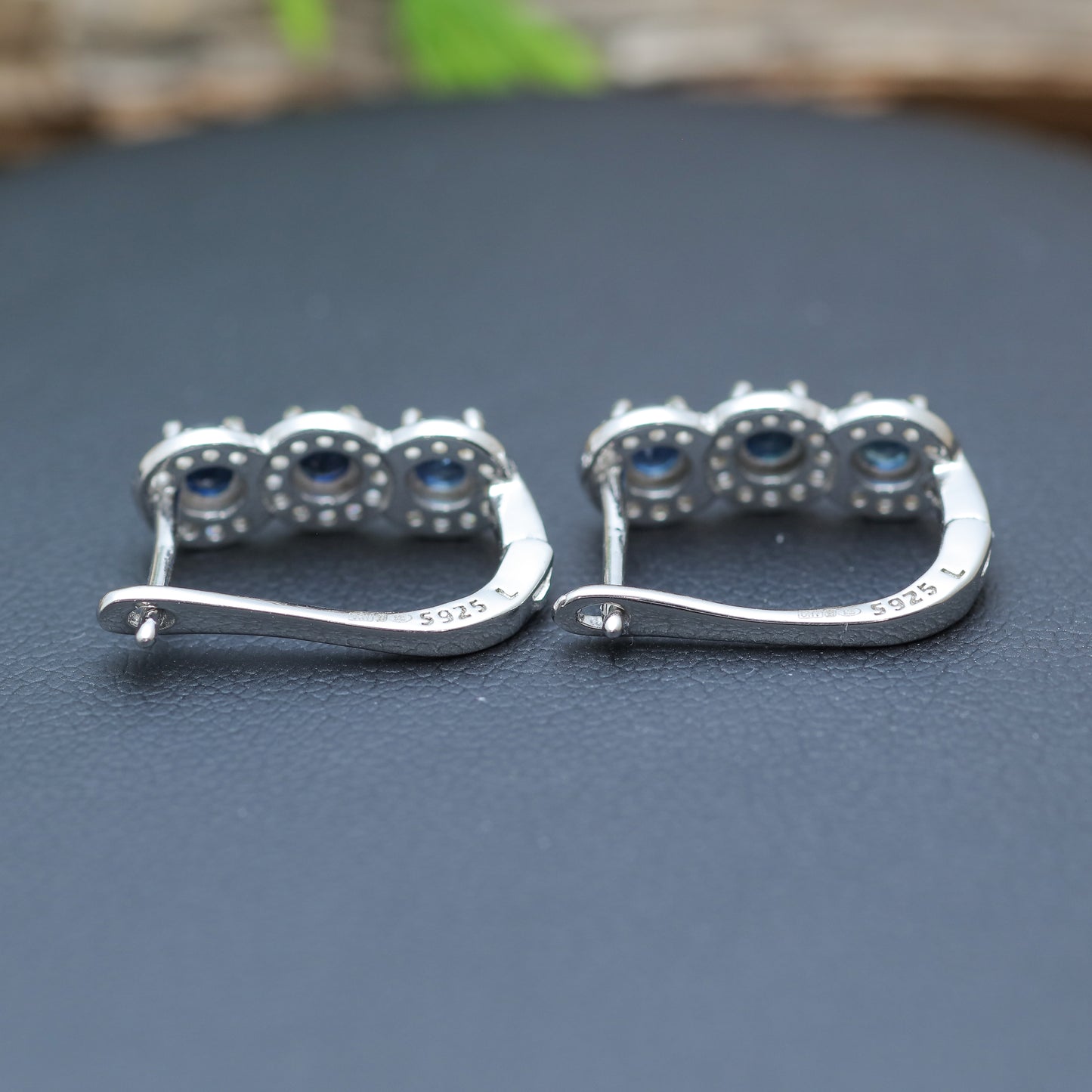Natural Blue Sapphire Three-Stone Halo Leverback Earrings