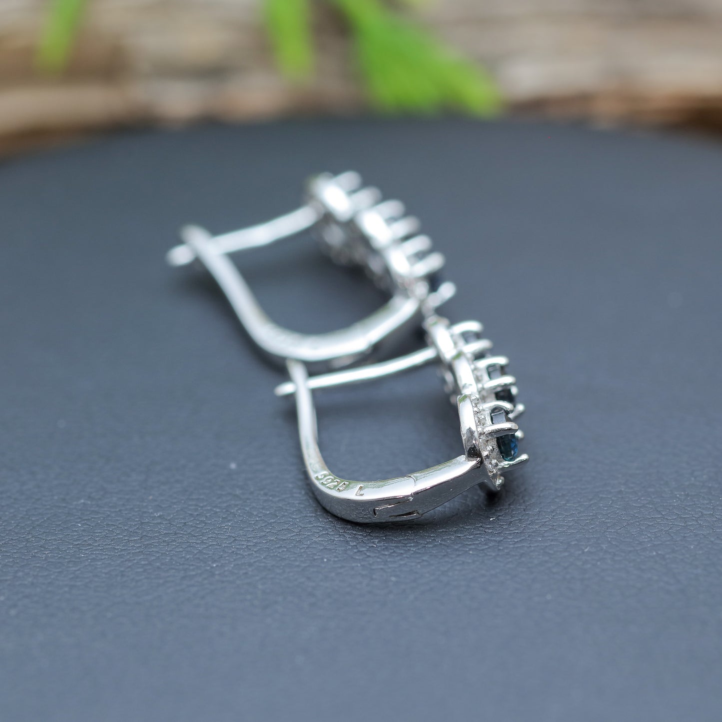 Natural Blue Sapphire Three-Stone Halo Leverback Earrings