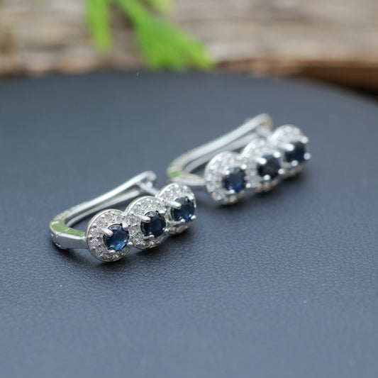 Natural Blue Sapphire Three-Stone Halo Leverback Earrings