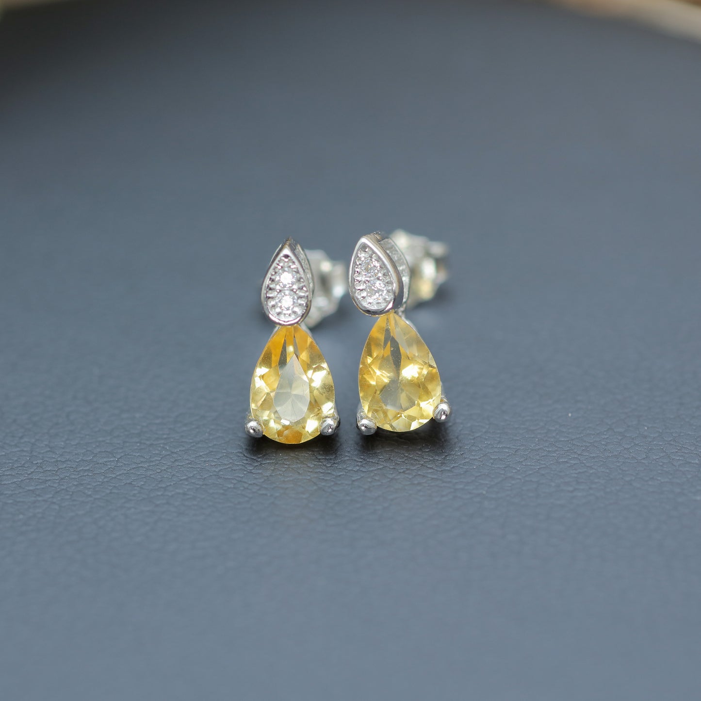 Natural Citrine Pear-Shape Stud Earrings with Cubic Zirconia Accents